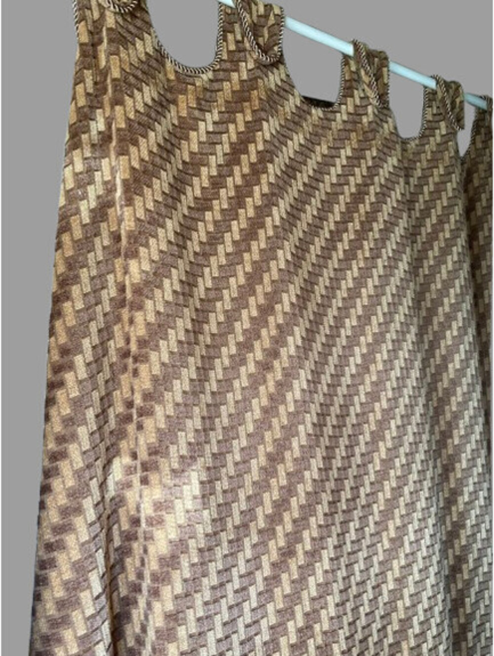 3 VTG Heavyweight Fabric Curtains Brown Gold Geometric Design 60s 70s